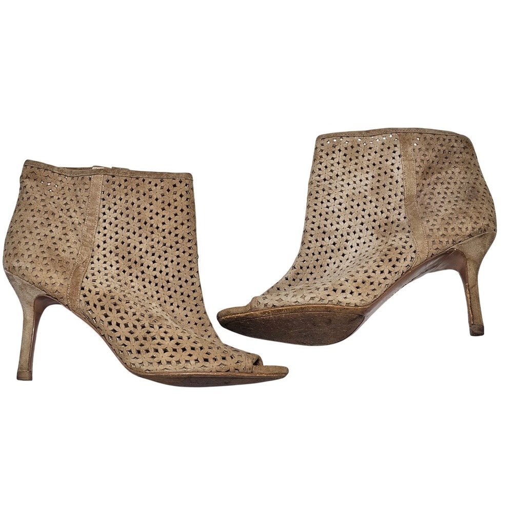 Nine West‎ NWGlyn Tan Suede Perforated Peep Toe Ankle Booties Heels 9M